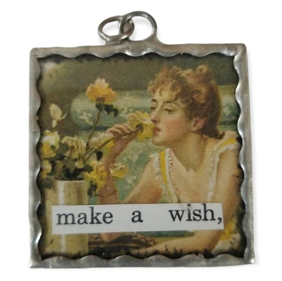 Hand Crafted Soldered Glass Charm Vintage Papers "Make A Wish" - Picture 5 of 6